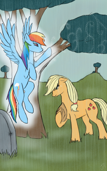 Size: 1176x1889 | Tagged: safe, artist:princelucky8, derpibooru import, applejack, rainbow dash, ghost, appledash, female, grave, gravestone, lesbian, rain, shipping