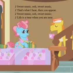 Size: 640x640 | Tagged: safe, derpibooru import, edit, edited screencap, screencap, carrot cake, cup cake, applebuck season, g1, my little pony tales, candy, carrot cup, cropped, female, food, g1 to g4, generation leap, lollipop, lyrics, male, present, shipping, song reference, straight, sugarcube corner, text