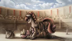 Size: 4299x2500 | Tagged: semi-grimdark, artist:theomegaridley, derpibooru import, oc, oc:electra sparks, unofficial characters only, earth pony, pony, unicorn, alternate hairstyle, arena, armor, clothes, combat, crowd, crying, female, gladiator, helmet, mare, scared, sword, weapon