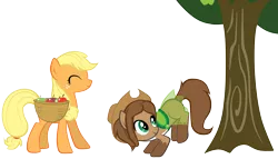 Size: 4287x2447 | Tagged: safe, artist:petraea, derpibooru import, applejack, oc, oc:andreia, pony, applebucking, basket, clothes, dress, hat, high res, saddle basket, simple background, transparent background, vector