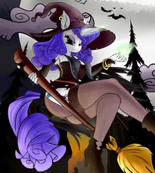 Size: 1700x1900 | Tagged: alternate hairstyle, anthro, artist:huckser, bat, breasts, broom, clothes, crossed legs, derpibooru import, ear piercing, earring, female, flying, flying broomstick, glowing hands, glowing horn, halloween, hat, holiday, jewelry, looking at you, magic, moon, piercing, plantigrade anthro, rarity, solo, solo female, suggestive, witch, witch hat