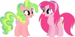 Size: 1024x511 | Tagged: safe, artist:ra1nb0wk1tty, derpibooru import, lemon zest, pinkie pie, ponified, earth pony, pony, equestria girls ponified, female, mare, palette swap, recolor, simple background, transparent background