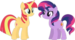 Size: 1024x549 | Tagged: safe, artist:ra1nb0wk1tty, derpibooru import, sunset shimmer, twilight sparkle, twilight sparkle (alicorn), alicorn, unicorn, female, mare, palette swap, recolor, simple background, transparent background