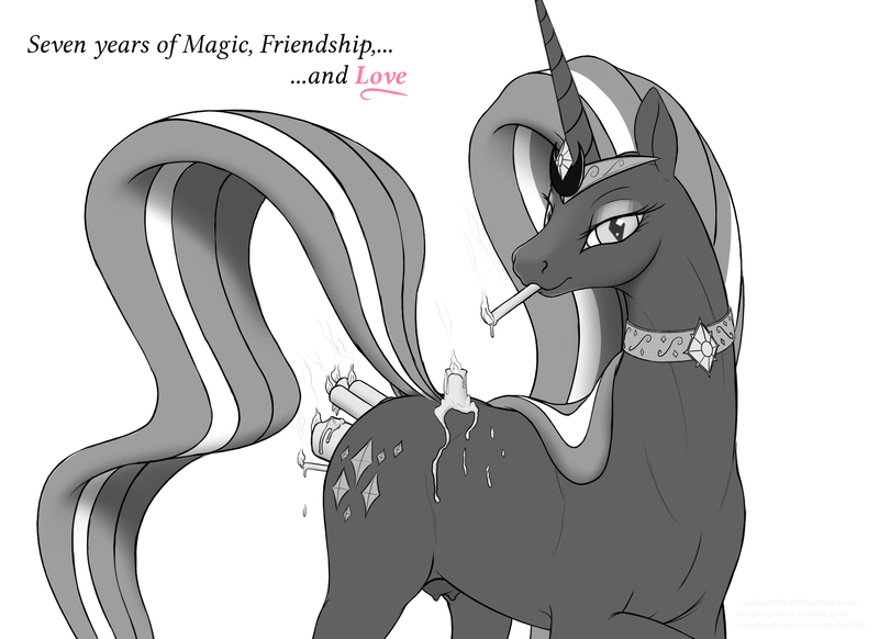 Size: 2004x1458 | Tagged: questionable, artist:d1ckbitch, derpibooru import, nightmare rarity, pony, unicorn, anal insertion, candle, crotchboobs, female, grayscale, happy birthday mlp:fim, hoers, insertion, mare, mlp fim's seventh anniversary, monochrome, mouth hold, nipples, nudity, simple background, solo, solo female, teats, vaginal insertion, wax play
