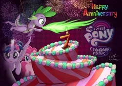 Size: 2480x1748 | Tagged: abstract background, alicorn, artist:calena, birthday candles, breath, cake, candle, decoration, derpibooru import, design, dialogue, dragon, edit, fire, fireworks, food, happy birthday mlp:fim, logo, mlp fim's seventh anniversary, my little pony: the movie, pinkie pie, safe, spike, twilight sparkle, twilight sparkle (alicorn)