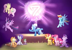 Size: 3825x2700 | Tagged: safe, artist:heir-of-rick, derpibooru import, applejack, fluttershy, pinkie pie, rainbow dash, rarity, spike, starlight glimmer, sunset shimmer, trixie, twilight sparkle, twilight sparkle (alicorn), alicorn, dragon, pony, flying, happy birthday mlp:fim, mane six, mlp fim's seventh anniversary, prone