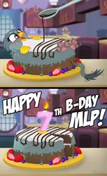 Size: 2000x3264 | Tagged: semi-grimdark, suggestive, artist:icaron, derpibooru import, gabby, gryphon, 2 panel comic, berries, birthday candles, blushing, cake, candle, chocolate, comic, cute, female, food, food transformation, frosting, gabbybetes, gabriellake, happy birthday mlp:fim, imminent vore, implied death, inanimate tf, kitchen, mlp fim's seventh anniversary, paws, show accurate, show accurate porn, solo, spoon, transformation, underpaw, wiggle