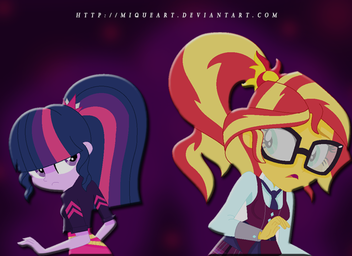 Size: 699x509 | Tagged: safe, artist:miqueart, derpibooru import, sci-twi, sunset shimmer, twilight sparkle, equestria girls, friendship games, alternate hairstyle, alternate universe, base used, clothes, crystal prep academy uniform, female, glasses, human sunset, role reversal, school uniform, skirt, sunspecs shimmer