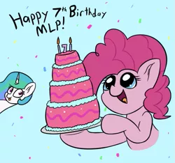 Size: 505x472 | Tagged: safe, artist:seafooddinner, derpibooru import, pinkie pie, princess celestia, alicorn, earth pony, pony, birthday candles, cake, cakelestia, candle, confetti, cute, female, food, frosting, happy birthday mlp:fim, holding, hoof hold, mare, mlp fim's seventh anniversary, open mouth, sillestia, silly, simple background, smiling, tongue out