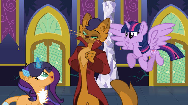 Size: 1024x570 | Tagged: safe, artist:flakyporcupine1989, derpibooru import, capper dapperpaws, rarity, oc, oc:jewel fur, abyssinian, alicorn, anthro, cat, digitigrade anthro, hybrid, pony, sphinx, unicorn, my little pony: the movie, anthro with ponies, capperity, clothes, coat, cutie mark, father and daughter, female, male, next generation, offspring, parent:capper, parent:rarity, parents:capperity, ponyville, spell, twilight's castle