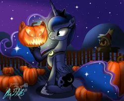 Size: 1024x841 | Tagged: safe, artist:mitsi1991, derpibooru import, princess luna, alicorn, pony, grin, halloween, holiday, jack-o-lantern, night, nightmare night, pumpkin, pumpkin patch, scarecrow, signature, sitting, smiling, solo