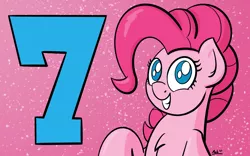 Size: 2560x1600 | Tagged: 7, 7th anniversary, anniversary, artist:ashtoneer, button eyes, cel shading, chest fluff, derpibooru import, happy birthday mlp:fim, mlp fim's seventh anniversary, pinkie pie, raised hoof, safe, simple background, smiling, solo