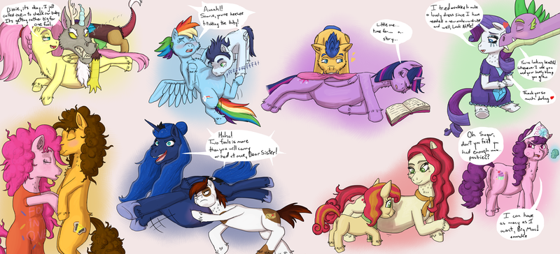 Size: 5500x2500 | Tagged: safe, artist:azurllinate, derpibooru import, big macintosh, cheese sandwich, cherry jubilee, discord, flash sentry, fluttershy, pinkie pie, pipsqueak, princess luna, rainbow dash, rarity, soarin', spike, sugar belle, twilight sparkle, twilight sparkle (alicorn), oc, oc:cherry top, alicorn, dragon, pony, alternate hairstyle, book, cheesepie, crying, dialogue, discoshy, female, flashlight, lunapip, male, parent:buffalo bull (pony), parent:cherry jubilee, preggity, preggoshy, preggy pie, pregnancy cravings, pregnant, shipping, soarindash, sparity, straight, sugarmac