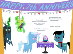 Size: 4500x3300 | Tagged: safe, artist:sketchmcreations, derpibooru import, queen chrysalis, thorax, trixie, oc, oc:sketch mythos, changedling, changeling, pony, banner, cake, food, happy birthday mlp:fim, king thorax, magic, mlp fim's seventh anniversary, piñata, pointy ponies, raised hoof, simple background, transparent background, we couldn't fit it all in