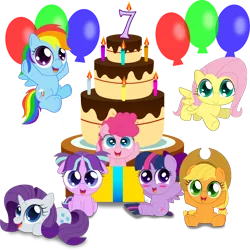 Size: 1500x1500 | Tagged: safe, artist:spellboundcanvas, derpibooru import, applejack, fluttershy, pinkie pie, rainbow dash, rarity, starlight glimmer, twilight sparkle, twilight sparkle (alicorn), alicorn, earth pony, pegasus, pony, unicorn, balloon, birthday candles, cake, candle, chibi, cute, dashabetes, diapinkes, female, food, glimmerbetes, happy birthday mlp:fim, jackabetes, mane six, mlp fim's seventh anniversary, raribetes, shyabetes, simple background, sitting, transparent background, twiabetes, weapons-grade cute