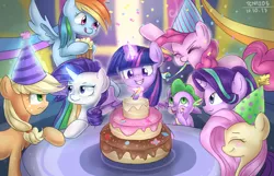 Size: 1860x1200 | Tagged: alicorn, applejack, artist:tcn1205, birthday candles, cake, cider, derpibooru import, dragon, female, fluttershy, food, happy birthday mlp:fim, hat, mane seven, mane six, mare, mlp fim's seventh anniversary, party hat, pinkie pie, rainbow dash, rarity, safe, spike, starlight glimmer, twilight sparkle, twilight sparkle (alicorn)