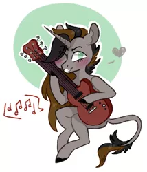 Size: 1305x1528 | Tagged: artist:jellybeanbullet, blushing, derpibooru import, guitar, heart, music notes, oc, oc:emerald whiplash, safe, solo, unofficial characters only