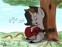 Size: 800x600 | Tagged: safe, artist:glimglam, derpibooru import, oc, oc:emerald whiplash, unofficial characters only, pony, unicorn, eyes closed, guitar, music notes, outdoors, singing, sitting, solo, tree, under the tree