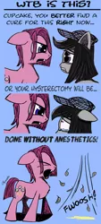 Size: 902x2001 | Tagged: safe, artist:chopsticks, derpibooru import, pinkie pie, oc, pony, comic:wtb is this?, alternate cutie mark, bubble berry, bubblini davinci berry, canon x oc, clothes, comic, crying, dialogue, fangs, fear wetting, feather, female, hat, humor, hysterectomy, male, mare, pinkamena diane pie, pissing, rule 63, scared, stallion, threat, urine