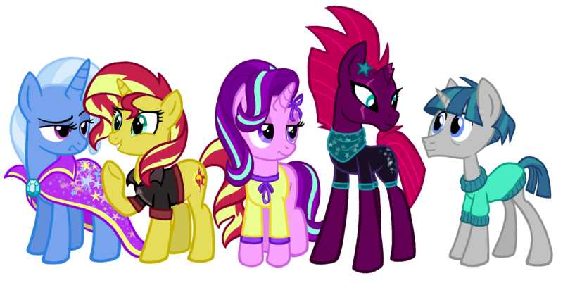 Size: 1850x930 | Tagged: safe, artist:thecheeseburger, derpibooru import, fizzlepop berrytwist, starlight glimmer, stygian, sunset shimmer, tempest shadow, trixie, pony, unicorn, my little pony: the movie, shadow play, broken horn, clothes, counterparts, cute, eye contact, eye scar, female, frown, grin, lidded eyes, looking at each other, male, mare, raised eyebrow, reformed, scar, simple background, smiling, stallion, transparent background, twilight's counterparts, unamused
