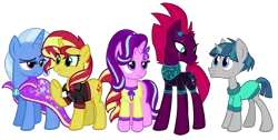 Size: 1850x930 | Tagged: safe, artist:thecheeseburger, derpibooru import, fizzlepop berrytwist, starlight glimmer, stygian, sunset shimmer, tempest shadow, trixie, pony, unicorn, my little pony: the movie, shadow play, broken horn, clothes, counterparts, cute, eye contact, eye scar, female, frown, grin, lidded eyes, looking at each other, male, mare, raised eyebrow, reformed, scar, simple background, smiling, stallion, transparent background, twilight's counterparts, unamused
