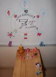 Size: 2295x3114 | Tagged: apple bloom, applejack, apple pear, artist:mathprofbrony, cake, cheerilee, cutie mark, derpibooru import, diamond tiara, dry erase marker, duck, fire, fire breath, fluttershy, food, happy birthday mlp:fim, implied discord, implied maud pie, implied spike, mane six, mlp fim's seventh anniversary, pinkie pie, pipsqueak, rainbow dash, rarity, safe, scootaloo, scroll, silver spoon, the cmc's cutie marks, trixie, twilight sparkle, twist, whiteboard