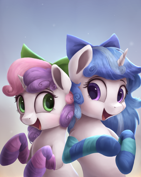 Size: 800x1000 | Tagged: safe, artist:vanillaghosties, derpibooru import, sweetie belle, oc, oc:melodia, pony, unicorn, bow, clothes, cute, diasweetes, female, filly, hair bow, ocbetes, smiling, socks, stockings, striped socks, thigh highs