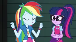 Size: 1280x718 | Tagged: safe, derpibooru import, screencap, rainbow dash, sci-twi, twilight sparkle, equestria girls, movie magic, spoiler:eqg specials, clothes, crossed arms, eyes closed, geode of super speed, geode of telekinesis, glasses, magical geodes, necktie, open mouth, ponytail, skirt, wristband