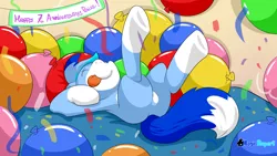 Size: 3840x2160 | Tagged: safe, artist:rupertbluefox, derpibooru import, oc, oc:rupert the blue fox, ponified, unofficial characters only, earth pony, fox, fox pony, pony, balloon, banner, confetti, featureless crotch, furry, furry oc, happy birthday mlp:fim, male, mlp fim's seventh anniversary, party, ponified oc, smiling, solo, stallion, streamers, tongue out