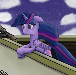 Size: 1099x1092 | Tagged: safe, artist:reflex-pony, derpibooru import, twilight sparkle, twilight sparkle (alicorn), alicorn, pony, once upon a zeppelin, airship, crying, female, mare, sad, scene interpretation, solo, windswept mane, zeppelin