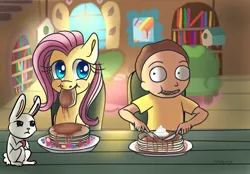 Size: 2880x2006 | Tagged: safe, artist:lamentedmusings, derpibooru import, angel bunny, fluttershy, pony, crossover, eating, food, morty smith, pancakes, rick and morty, unamused
