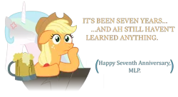 Size: 1973x1073 | Tagged: safe, artist:sketchmcreations, derpibooru import, edit, applejack, princess celestia, alicorn, earth pony, pony, accent, annoyed, cider, cider mug, cowboy hat, cross-popping veins, duo, exploitable meme, female, floppy ears, happy birthday mlp:fim, hat, hooves, i didn't learn anything, image macro, inkscape, mare, meme, mlp fim's seventh anniversary, mug, simple background, sudden clarity sweetie belle, tankard, this will end in tears and/or a journey to the moon, transparent background