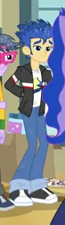 Size: 162x558 | Tagged: safe, derpibooru import, screencap, flash sentry, microchips, princess luna, a banner day, equestria girls, friendship games, arm behind back, clothes, cropped, jacket, male, offscreen character, pants, shoes, sneakers, vice principal luna