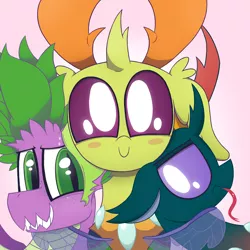 Size: 2050x2050 | Tagged: safe, artist:dragonpone, derpibooru import, pharynx, spike, thorax, changedling, changeling, dragon, blush sticker, blushing, c:, changedling brothers, freckles, gay, grin, hug, king thorax, lidded eyes, looking at you, male, nervous, nervous grin, older, older spike, prince pharynx, shipping, side hug, smiling, sweat, teenage spike, teenager, thoraxspike, tongue out, unamused, winged spike, winghug