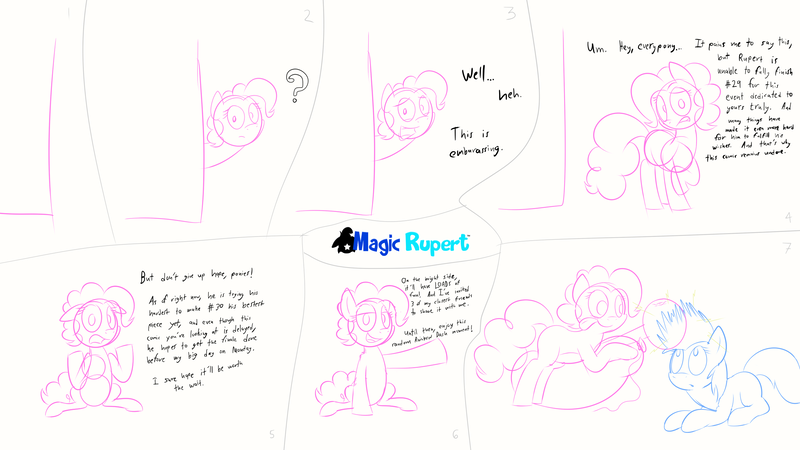 Size: 2560x1440 | Tagged: safe, artist:rupertbluefox, derpibooru import, pinkie pie, earth pony, pony, series:30 dayz of pinks, balloon, balloon sitting, comic, simple background, sketch, static electricity, unfinished art