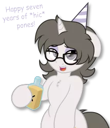 Size: 3247x3801 | Tagged: alcohol, artist:digiqrow, blushing, bottle, chest fluff, derpibooru import, drunk, glasses, happy birthday mlp:fim, hat, mlp fim's seventh anniversary, oc, oc:solaria, party hat, safe, semi-anthro, simple background, transparent background, unofficial characters only