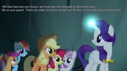 Size: 1000x560 | Tagged: apple bloom, applejack, campfire tales, cutie mark crusaders, derpibooru import, discovery family logo, edit, edited screencap, glowing horn, light spell, lord of the rings, magic, parody, rainbow dash, rarity, safe, scootaloo, screencap, sweetie belle, text