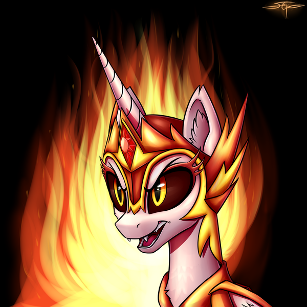 Size: 3000x3000 | Tagged: safe, artist:setharu, derpibooru import, daybreaker, alicorn, pony, armor, bust, ear fluff, fangs, female, fire, folded wings, mane of fire, mare, portrait, signature, smiling, solo