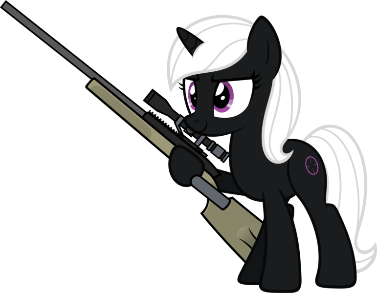 Size: 2101x1634 | Tagged: safe, artist:zacatron94, derpibooru import, oc, oc:sharp shooter, unofficial characters only, pony, unicorn, cutie mark, female, gun, hooves, horn, mare, optical sight, rifle, simple background, sniper rifle, solo, transparent background, vector, weapon