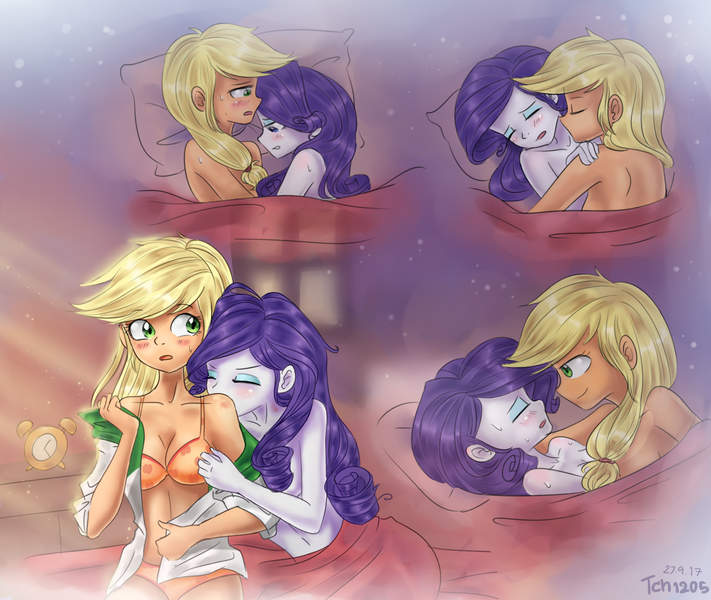Size: 1660x1400 | Tagged: questionable, artist:tcn1205, applejack, rarity, human, equestria girls, bed, blanket, blushing, bra, breasts, clothes, cuddling, eyes closed, female, female orgasm, fingering, humanized, image, imminent sex, implied fingering, kissing, lesbian, looking at each other, mutual masturbation, nudity, orgasm, panties, partial nudity, pillow, png, pony coloring, rarijack, sex, shipping, softcore, tickling, under the covers, underwear