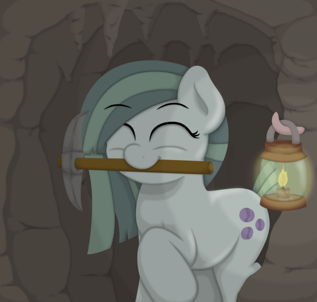 Size: 2100x2000 | Tagged: safe, artist:ljdamz1119, derpibooru import, marble pie, earth pony, pony, cave, eyes closed, female, lamp, mare, mouth hold, pickaxe, smiling, solo