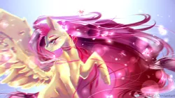 Size: 1920x1080 | Tagged: safe, artist:xkittyblue, derpibooru import, fluttershy, pegasus, pony, female, flower petals, flowing mane, mare, petals, raised hoof, solo, spread wings, wallpaper, windy, wings