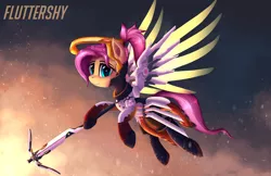Size: 5000x3231 | Tagged: safe, artist:atlas-66, derpibooru import, fluttershy, pegasus, pony, artificial wings, augmented, crossbow, crossover, female, looking at you, mare, mechanical wing, mercy, mercyshy, overwatch, solo, wings