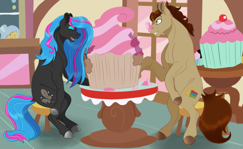 Size: 1250x769 | Tagged: safe, artist:bijutsuyoukai, derpibooru import, oc, oc:cliff hanger, oc:scribbler, unofficial characters only, earth pony, pony, cupcake, eating, female, food, giant cupcake, male, mare, stallion, table