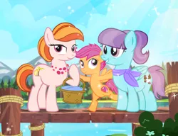 Size: 1000x769 | Tagged: safe, artist:pixelkitties, derpibooru import, aunt holiday, auntie lofty, scootaloo, earth pony, pegasus, pony, ponyville mysteries, riddle of the rusty horseshoe, artist interpretation, ascot, aunt and niece, basket, couple, cute, cutie mark, family, female, filly, lesbian, lofty day, pier, scootalove, shipping, smiling, the cmc's cutie marks, water