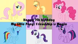 Size: 1920x1080 | Tagged: alicorn, applejack, artist:thearcanebrony, derpibooru import, dragon, fluttershy, happy birthday mlp:fim, mane eight, mane seven, mane six, mlp fim's seventh anniversary, pinkie pie, rainbow dash, rarity, safe, spike, starlight glimmer, twilight sparkle, twilight sparkle (alicorn), wallpaper