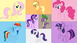 Size: 1920x1080 | Tagged: alicorn, applejack, artist:thearcanebrony, derpibooru import, dragon, fluttershy, happy birthday mlp:fim, mane eight, mane seven, mane six, mlp fim's seventh anniversary, pinkie pie, rainbow dash, rarity, safe, spike, starlight glimmer, twilight sparkle, twilight sparkle (alicorn), wallpaper