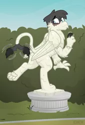 Size: 2381x3500 | Tagged: safe, artist:icaron, derpibooru import, oc, oc:flick transition, unofficial characters only, gryphon, canterlot, inanimate tf, male, paws, petrification, plinth, show accurate, solo, statue, transformation, underpaw, wiggle