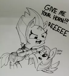 Size: 1301x1433 | Tagged: safe, artist:tjpones, derpibooru import, tempest shadow, twilight sparkle, twilight sparkle (alicorn), alicorn, pony, my little pony: the movie, black and white, broken horn, dialogue, duo, grayscale, horn envy, inktober, monochrome, reeee, sketch, traditional art, vulgar, wtf