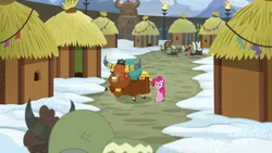 Size: 1280x720 | Tagged: safe, derpibooru import, screencap, pinkie pie, prince rutherford, pony, yak, not asking for trouble, cloven hooves, female, hut, male, snow, yakyakistan